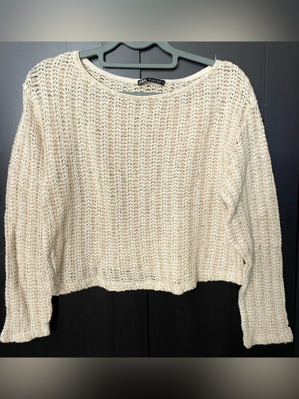 Zara ~ Cream Open-Weave Metallic Thread Crewneck Cropped Sweater - S